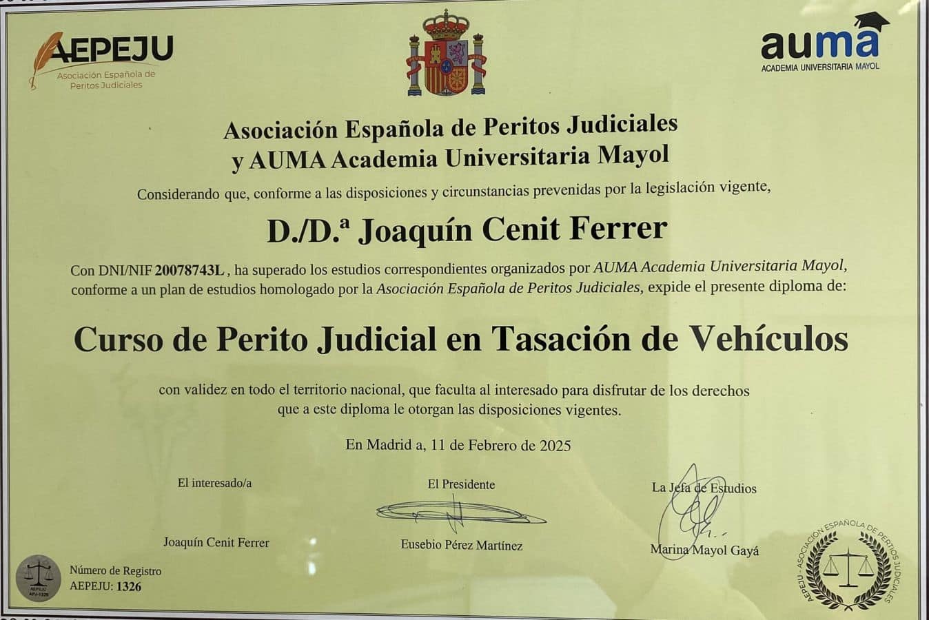 Certificado de Perito Judicial en Tasación de vehículos | Perito Judicial