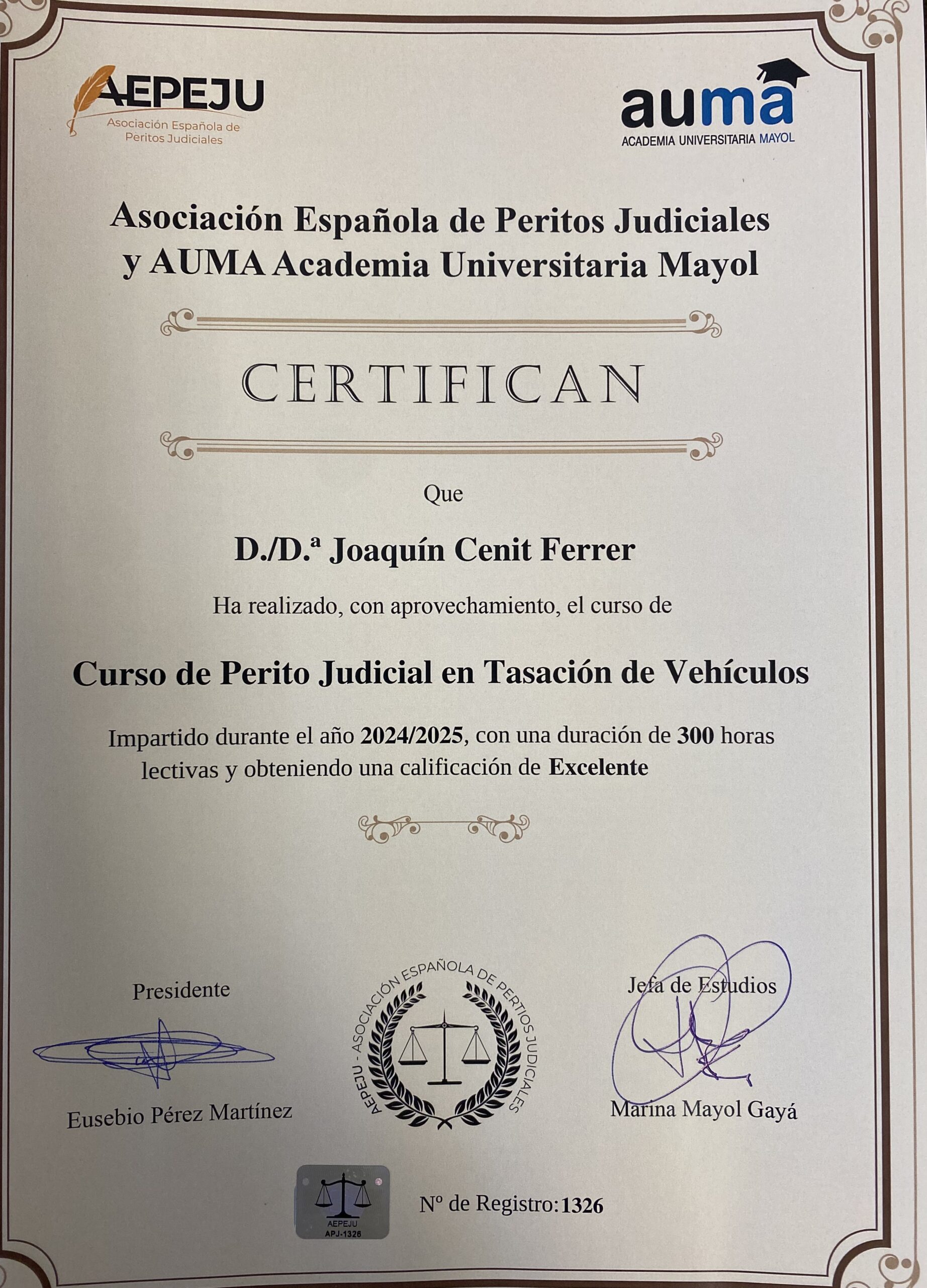 Certificado de Perito Judicial en Tasación de vehículos | Perito Judicial